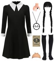 Fantasia Hitormoon Wednesday Addams Dress para meninas, Halloween, 7 unidades Fantasia Hitormoon Wednesday Addams Dress para meninas, Halloween, 7 unidades