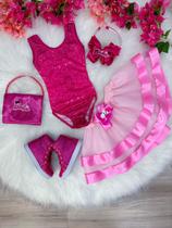 Fantasia Infantil Barbie Pink Body Saia Rosa Com Broche Luxo