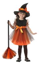 Fantasia Infantil Bebê Bruxa Laranja Vestido Luxo Halloween