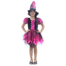 Fantasia Infantil Bruxa Encantada Rosa com Chapéu Halloween Luxo Fantasia Infantil Bruxa Encantada Rosa com Chapéu Halloween Luxo