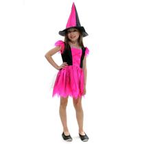 Fantasia Infantil Bruxa Halloween Encantada Pink com Chapéu