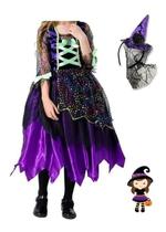 Fantasia Infantil Bruxinha Festa Halloween Vestido Com Tiara