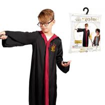 Fantasia Infantil Capa Harry Potter Com Óculos Luxo Grifinória Original Roupa Meninos Festa