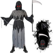 Fantasia infantil de Halloween de Grim Reaper com foice e olhos brilhantes