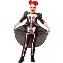 Fantasia Infantil de Halloween pra Meninas Caveira Mexicana Rainha Esqueleta de Luxo com Cauda