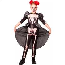 Fantasia Infantil de Halloween pra Meninas Caveira Mexicana Rainha Esqueleta de Luxo com Cauda