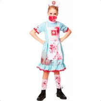 Fantasia Infantil de Halloween pra Meninas Vestido Enfermeira Nancy Zumbi Completa com Tiara e Meias