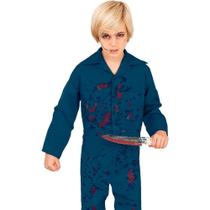 Fantasia Infantil de Halloween pra Meninos Roupa Assassino Macacão Azul Longo com Sangue
