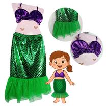 Fantasia Infantil de Sereia Verde com Top Roxo e Saia Escamas com Tule Fantasia Infantil de Sereia Verde com Top Roxo e Saia Escamas com Tule