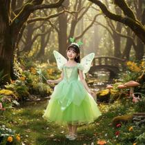 Fantasia Infantil Fada Verde Sininha Cosplay Com Luz, Asas, Tiara e Varinha 3 a 8 anos