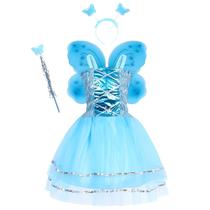 Fantasia Infantil Feminina C/ Varinha Tiara Borboleta Fada Fadinha Vestido Menina Kit 4pçs Festa Criança Princesa