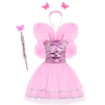 Fantasia Infantil Feminina C/ Varinha Tiara Borboleta Fada Fadinha Vestido Menina Kit 4pçs Festa Criança Princesa
