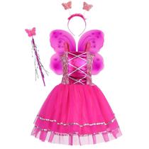 Fantasia Infantil Feminina C/ Varinha Tiara Borboleta Fada Fadinha Vestido Menina Kit 4pçs Festa Criança Princesa