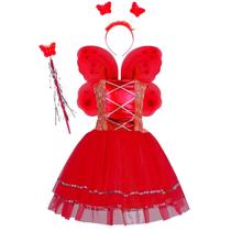 Fantasia Infantil Feminina C/ Varinha Tiara Borboleta Fada Fadinha Vestido Menina Kit 4pçs Festa Criança Princesa