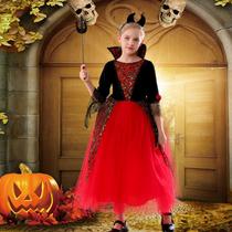 Fantasia Infantil Halloween Bruxinha Diabinha Vestido Luxo - Bela Import