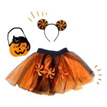 Fantasia Infantil Halloween Laranja Saia Tiara Com Bolsa Carnaval Criança