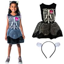 Fantasia Infantil Halloween Menina Caveira Com Acessório Tiara Feminina Criança Esqueleto Toymaster