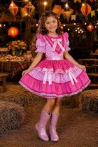 Fantasia Infantil Junina Rosa com Estampa de Corações para Festas