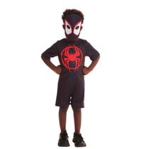 Fantasia Infantil Manga Curta Marvel Homem Aranha Negro Miles Morales com Máscara Tamanho:P Fantasia Infantil Manga Curta Marvel Homem Aranha Negro Miles Morales com Máscara Tamanho:P