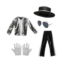 Fantasia Infantil Masculina Michael Jackson Billie Jean Terno Preto Dança Disco Halloween Anos 80