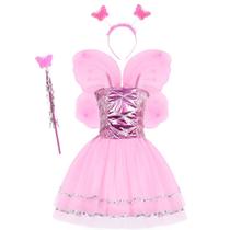 Fantasia Infantil Menina Princesa Kit 4pçs Borboleta Fadinha Carnaval Vestido Varinha Feminina Férias