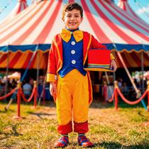 Fantasia Infantil Menino Palhaço Palhacinho de Circo Luxo Kit 4 Peças com Casaca Vermelha Calça Colete e Cartola