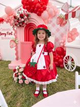 Fantasia Infantil Moranguinho com Vestido Vermelho, Avental Branco e Chapéu Tema Festa