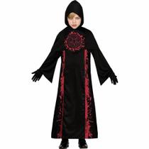 Fantasia Infantil pra Menino de Halloween Mestre de Ritual de Luxo Túnica Preta com Capuz e Símbolo Vermelho