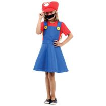 Fantasia Infantil Super Mario Feminina com Chapéu e Bigode