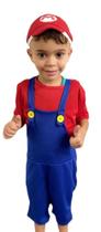 Fantasia Infantil Super Mário jardineira, camiseta e boné Fantasia Infantil Super Mário jardineira, camiseta e boné