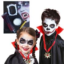Fantasia Infantil Vampiro Drácula Halloween Cosplay: Capa + Dentadura + Colar + Kit Maquiagem Artística = 6 Produtos