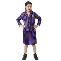 Fantasia Infantil Wandinha Menina Criança Juvenil Saia Rodada Plissada Conjunto Família Addams Camisa Festa Dia das Crianças Halloween