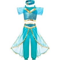 Fantasia Jasmine Infantil de Luxo Azul e Dourada Com Tiara