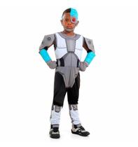 Fantasia Jovens Titans Infantil Cyborg Premium Com Luvas e Capacete