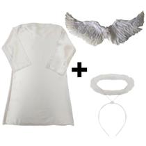 Fantasia Kit Anjo Adulto Tunica Asa de Anjo Aureola Carnaval Halloween Querubim Teatro Festa Batismo Coroacao