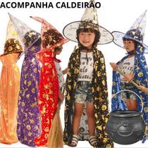 Fantasia Kit Bruxo Infantil Capa E Chapeu E Caldeirao Bruxa Bruxinha Feiticeiro Mago Halloween Unisex Cosplay Fantasia Kit Bruxo Infantil Capa E Chapeu E Caldeirao Bruxa Bruxinha Feiticeiro Mago Halloween Unisex Cosplay