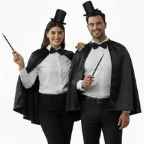 Fantasia Mágico Adulto de Carnaval Kit Capa Preta De Cetim Mini Cartola Gravata E Varinha