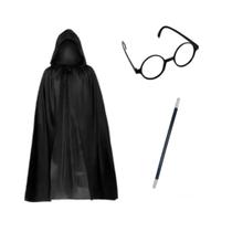 Fantasia Mágico Capa C/ Capuz Óculos e Varinha