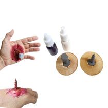 Fantasia Maquiagem Ferida Mão Látex c/ Parafuso + sangue