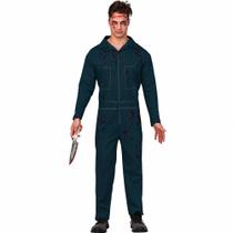 Fantasia Masculina de Halloween Cosplay Macacão Azul Assassino Serial Killer Michael Myers Com Manchas de Sangue Fantasia Masculina de Halloween Cosplay Macacão Azul Assassino Serial Killer Michael Myers Com Manchas de Sangue