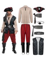Fantasia masculina de pirata Spooktacular Creations, camisa cáqui pirata para adultos, colete, calça viking, chapéu, conjunto de acessórios para festas de cosplay com tema de Halloween (pequenas) Fantasia masculina de pirata Spooktacular Creations, camisa cáqui pirata para adultos, colete, calça viking, chapéu, conjunto de acessórios para festas de cosplay com tema de Halloween (pequenas)