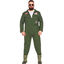 Fantasia Masculina Plus Size Carnaval Piloto de Caça Top Gun Roupa Aviador Militar Americano