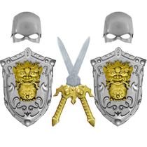 Fantasia Medieval Infantil com 2 Espadas Escudos e Máscaras Fantasia Medieval Infantil com 2 Espadas Escudos e Máscaras