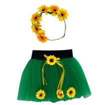 Fantasia Menina Girassol Tiara Saia de Tule Carnaval Infantil Kit 2pçs Aniversário Temático Feminina Flores Criança