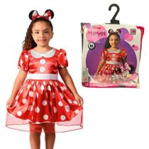 Fantasia Minnie Infantil Vermelha Clássica Vestido Disney Com Tiara