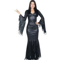 Fantasia Mortícia Addams Adulta Luxo Vestido Preto Halloween Fantasia Mortícia Addams Adulta Luxo Vestido Preto Halloween