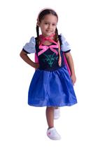 Fantasia Muvilê Princesa Anna Frozen Vestido Azul Escuro com Laço + Capa Rosa + Tiara (1/3/6/10)