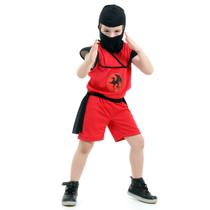 Fantasia Ninja Infantil Vermelho Preto Curta Samurai Dragão Guerreiro com Capuz e Faixas Original