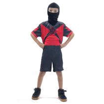 Fantasia Ninja Preto e Vermelho Curto Infantil com Capuz Fantasia Ninja Preto e Vermelho Curto Infantil com Capuz