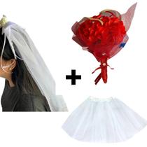 Fantasia Noivinha Caipira Completa Festa Junina Kit Véu Buquê e Saia De Tule Quadrilha São João Arraia Quermesse